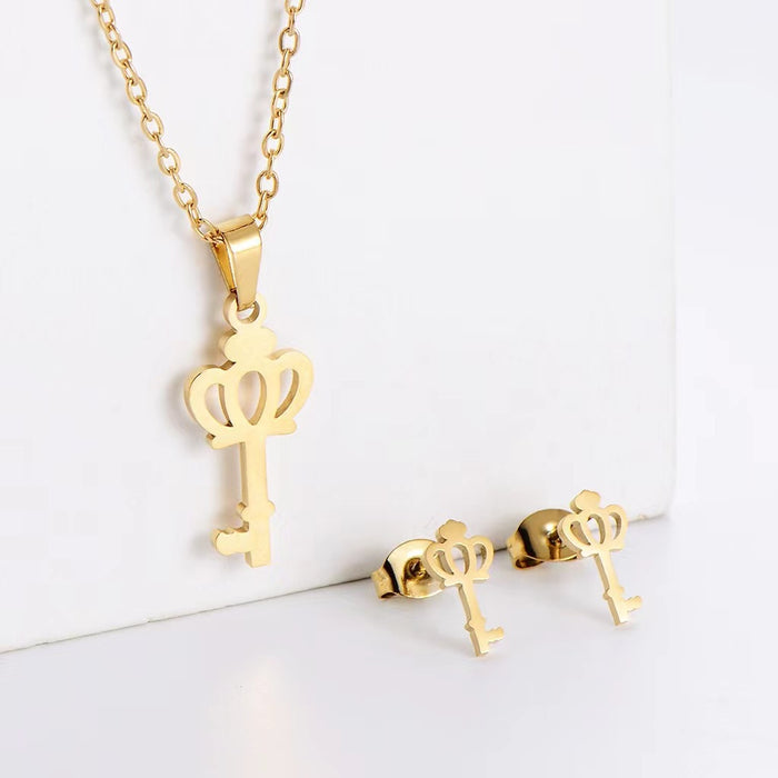 Wholesale Crown Key Necklace Earring Set Accessories Polishing Pendant Jewelry