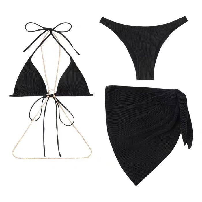Wholesale Black chain sexy swimsuit bikini three piece set hot spring vacation swimsuit