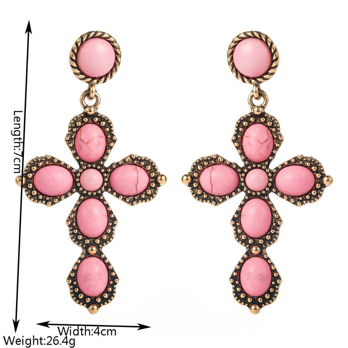 Wholesale Oval Statement Earrings with White Powder Turquoise Cross Inlay