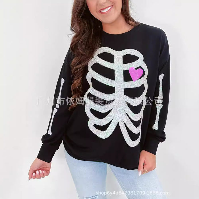 Wholesale Autumn and Winter New Women's Clothing Halloween Skeleton Sequin Top Long Sleeved Pullover Hoodie for Women JDC-CTS-YiMu007