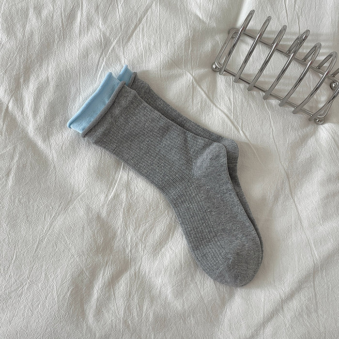 Wholesale Color blocking double-layer ribbed rolled edge boneless midsole socks with versatile vertical stripes for slimming and stacking socks