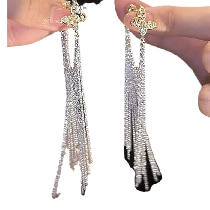 Wholesale Silver Needle Zircon Butterfly Tassel Earrings JDC-ES-HuiHe011