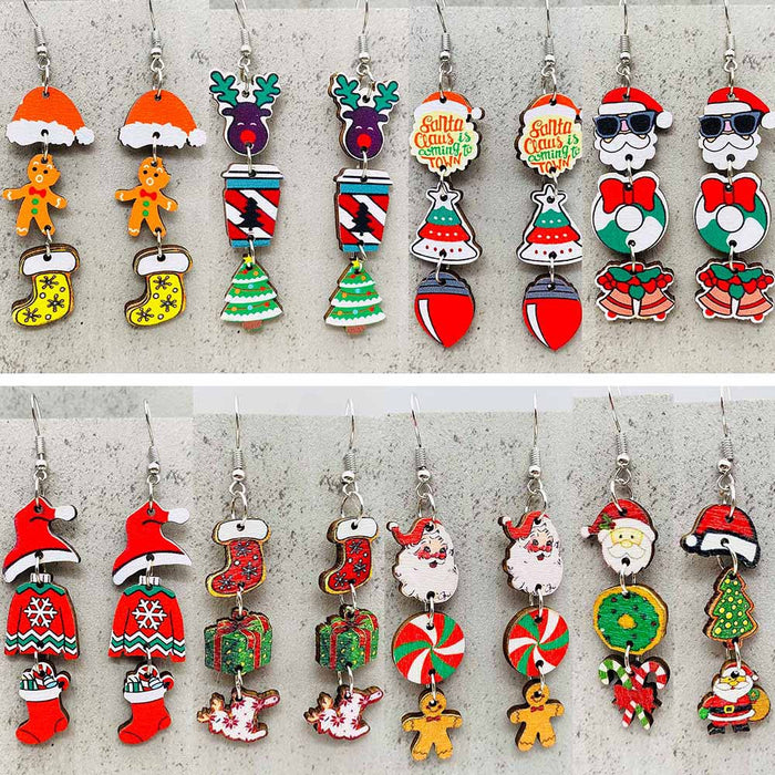 Wholesale New Christmas Earrings Snowman Santa Claus Gift Gingerbread Man Candy Wooden Earrings JDC-ES-YaChen009