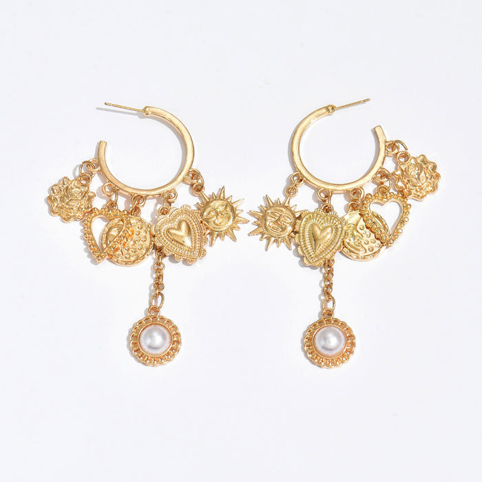 Wholesale New large circle earrings, alloy sun heart accessories, light luxury and high-end pearl tassel earrings