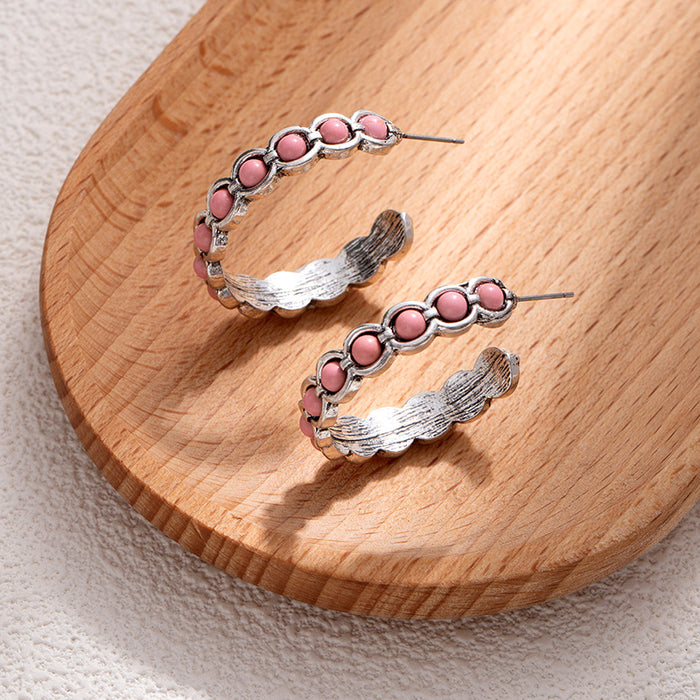 Wholesale Retro Western Style Turquoise Large Circle C-Shaped Earrings Bohemian Style Earrings High-End Niche Design Earrings