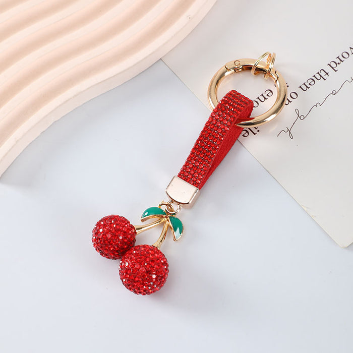 Wholesale Leather Cord with Diamond-Studded Cherry Keychain Pendant