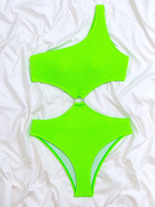 Wholesale New one-piece swimsuit fluorescent green high elasticity slim fit solid color single shoulder swimsuit wholesale