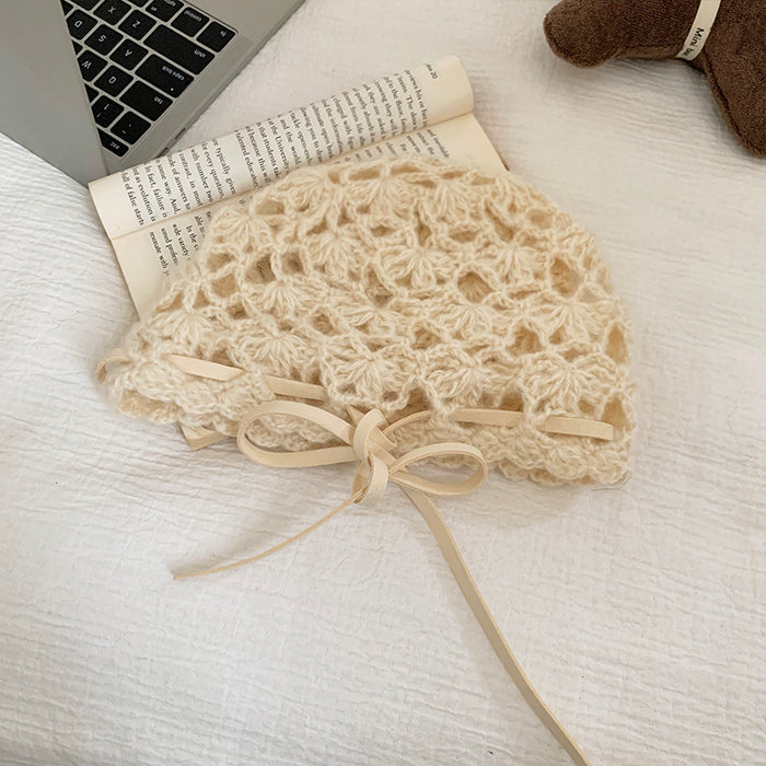 Wholesale Hollow bow knitted hat, thin, breathable, handmade crochet yarn hat