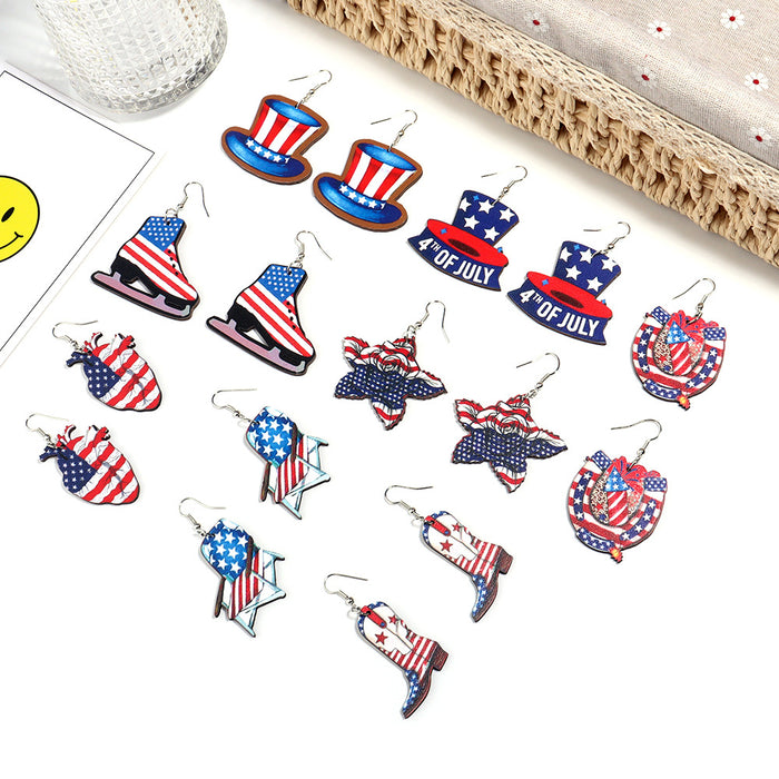 Wholesale American Independence Day Hats Shoes Heart Wooden Print Earrings JDC-ES-ZiT003