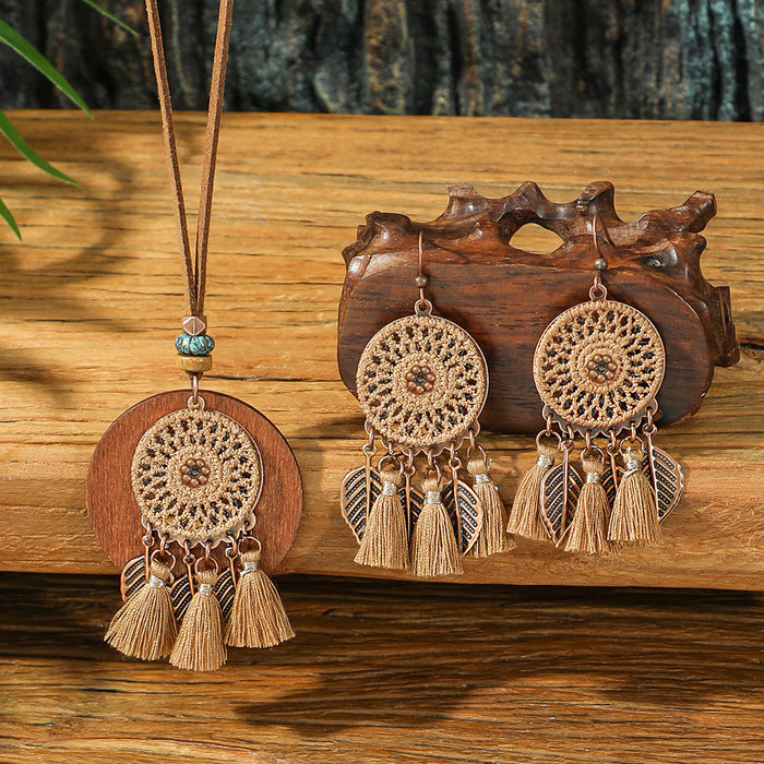 Wholesale Retro Boho Dreamcatcher Hollow Earrings and Necklace Set Fashion Jewelry MOQ≥2