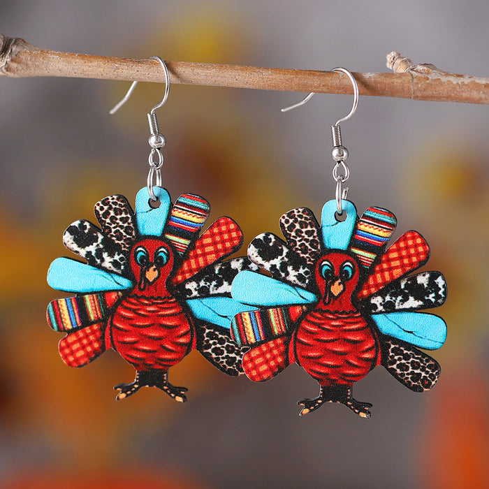 Wholesale Thanksgiving Leopard Print Turkey Pendant Earrings Wooden Double-Sided Autumn Harvest Thanksgiving Party Earrings