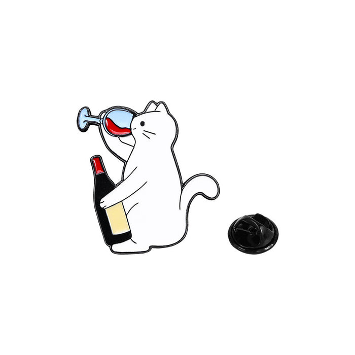 Wholesale Super cute cat cartoon badge personality cool white kitten drink red wine shape alloy enamel brooch