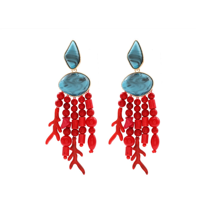 Wholesale Red Branch Tassel Multi-Layer Turquoise Earrings Resort Style Earrings