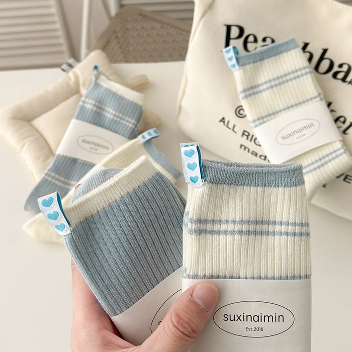 Wholesale Spring/Summer Cream Blue Striped Heel Love Cloth Label Middle Tube Stacked Socks