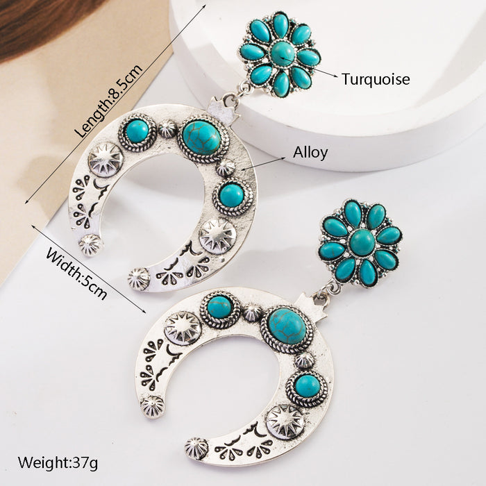 Wholesale Turquoise milk-textured leather earrings with diamonds and openwork design