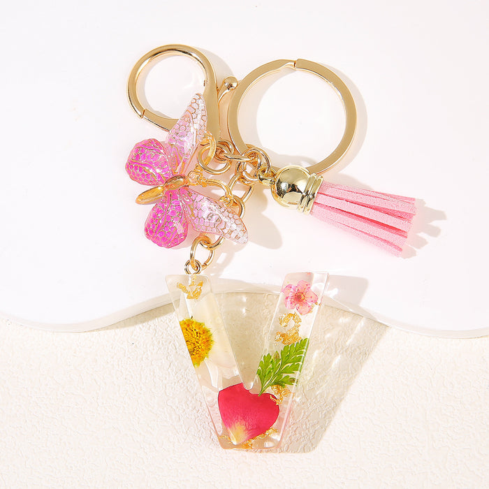 Wholesale Glue Dried Flower English 26 Letter Keychain Daisy Petal Letter Keychain  Pendant