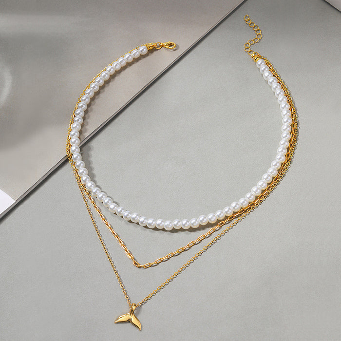 Wholesale Luxury Pearl Multi layer Stacked Necklace Versatile High end Fishtail Chain Pendant