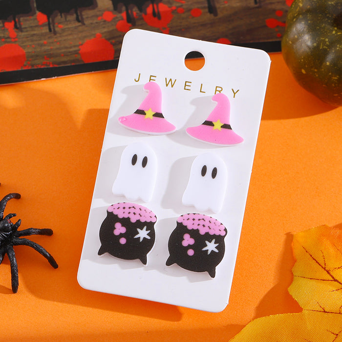 Wholesale  Cute Witch Hat Ghost Magic Cylinder Earrings Set Acrylic Cartoon Party Earrings