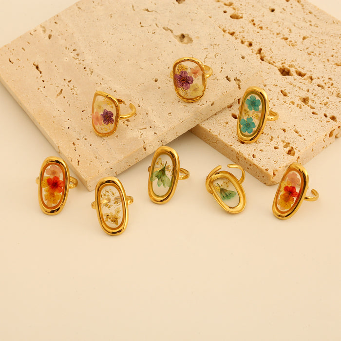 Wholesale Fashionable stainless steel dried flower ring with adjustable opening, retro style multi-color flower ring, color preservation wholesale