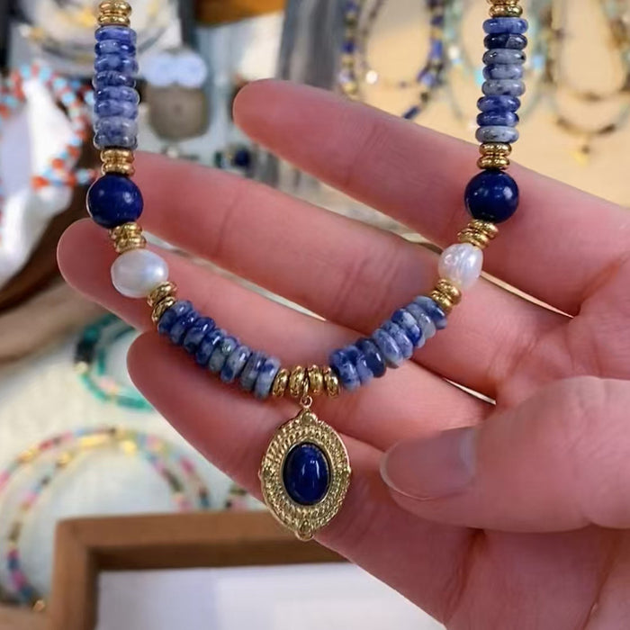 Wholesale Pearl retro lapis lazuli pendant necklace with no fading, high-end necklace for women