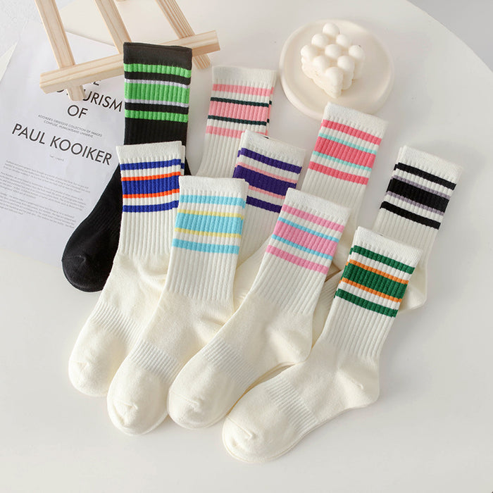 Wholesale Women's mid tube cotton socks, women's long socks with simple stripes, comfortable and breathable mid tube socks