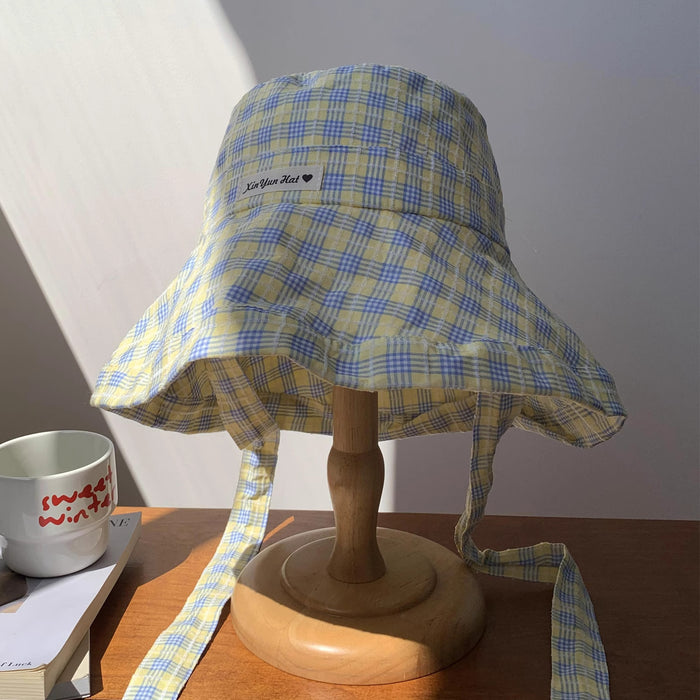 Wholesale Sweet plaid lace up fisherman hat versatile large brim sun protection hat UV resistant sun protection hat