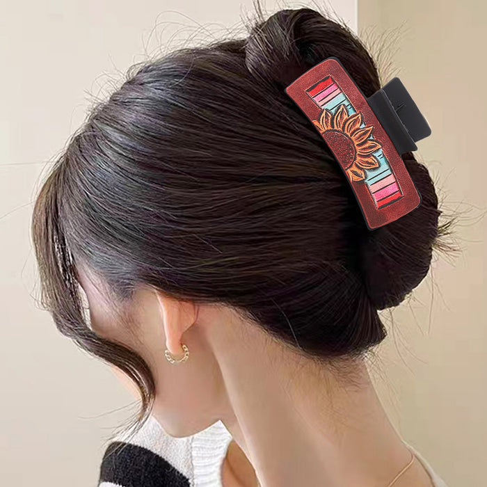 Wholesale Cross-border Western Wind Denim Wind Sunflower Leather Hairpin Women' s Shark Clip Grab Clip Amazon AliExpress