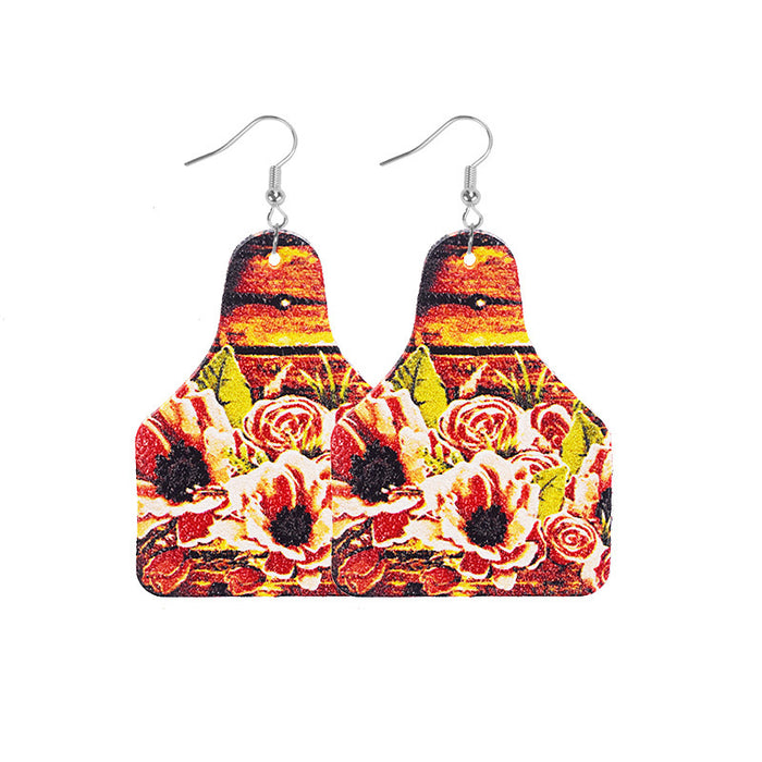 Wholesale Retro Western Cowboy Old Style Flower Bull Head Ethnic Style Print Women' s Leather Earrings