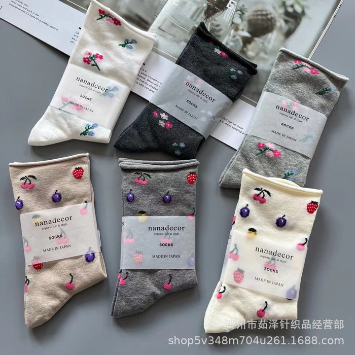 Wholesale Fruit and flower loose mouth rolled edge mid tube socks, simple cotton socks