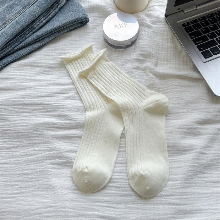 Wholesale Curled edge drawstring socks, stacked socks, middle tube cotton socks