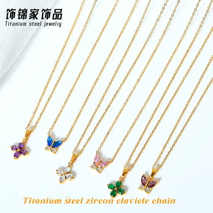 Wholesale Gold Butterfly Zircon Pendant Necklace Titanium Steel Fashion Jewelry MOQ≥2