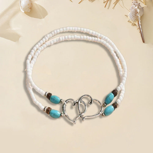 Wholesale Beach Vacation Style Double Heart Beaded Jewelry Set Alloy Necklace and Bracelet MOQ≥2