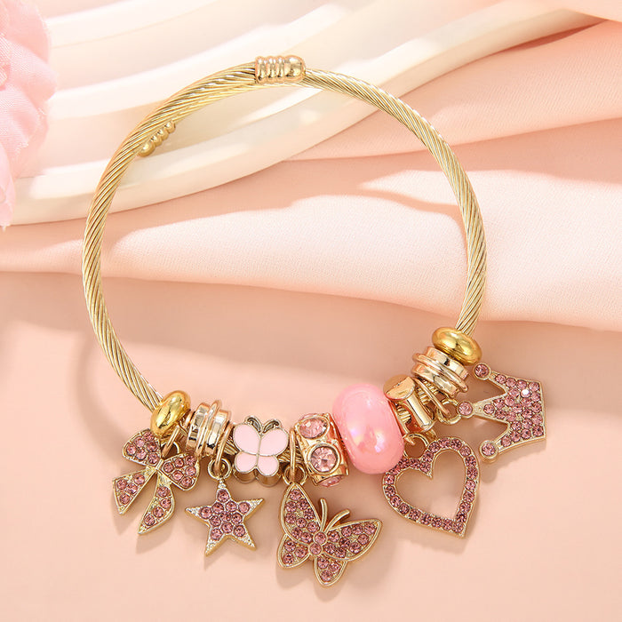 Wholesale Butterfly &  Love Rhinestone Pendant Beaded Bracelet Stainless Steel Fashion Accessory for Women Gift