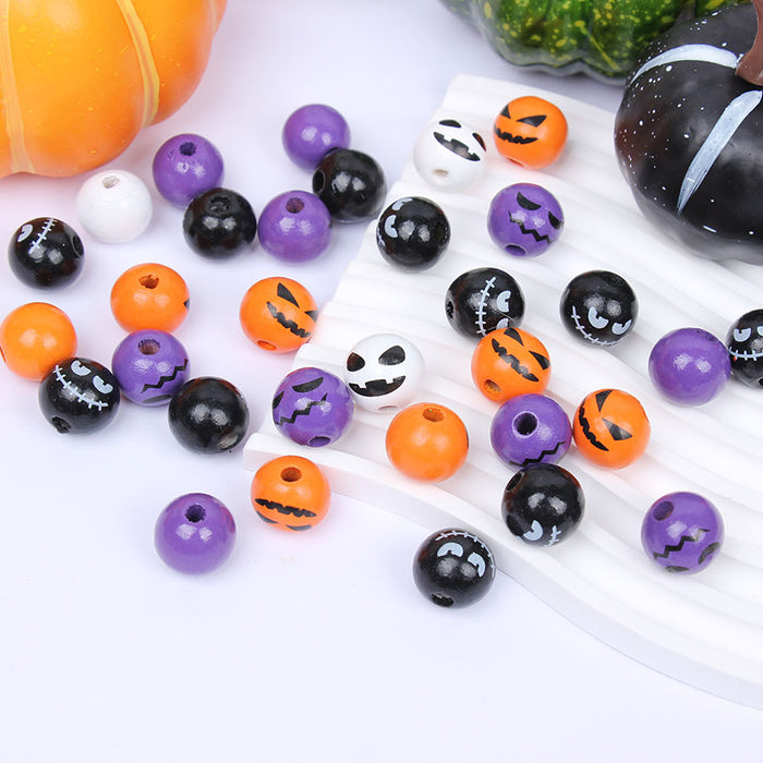 Wholesale 50pcs Halloween Single-sided Printing 16mm Colored Wooden Beads Pumpkin Ghost Face Wooden Beads JDC-BDS-TianYue001