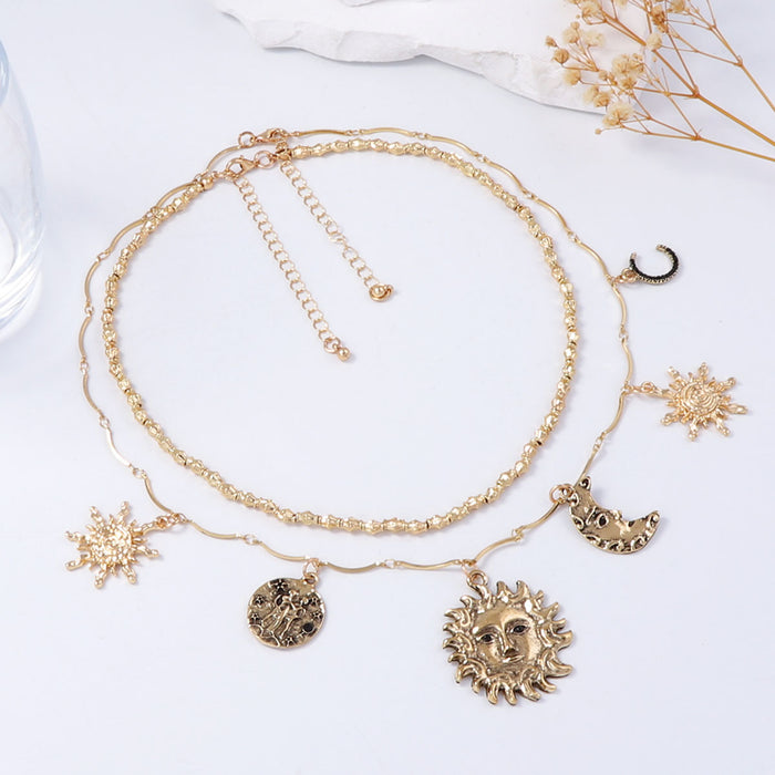 Wholesale Alloy Sun Moon Pendant Double Layer Overlapping Chain Women's Necklace