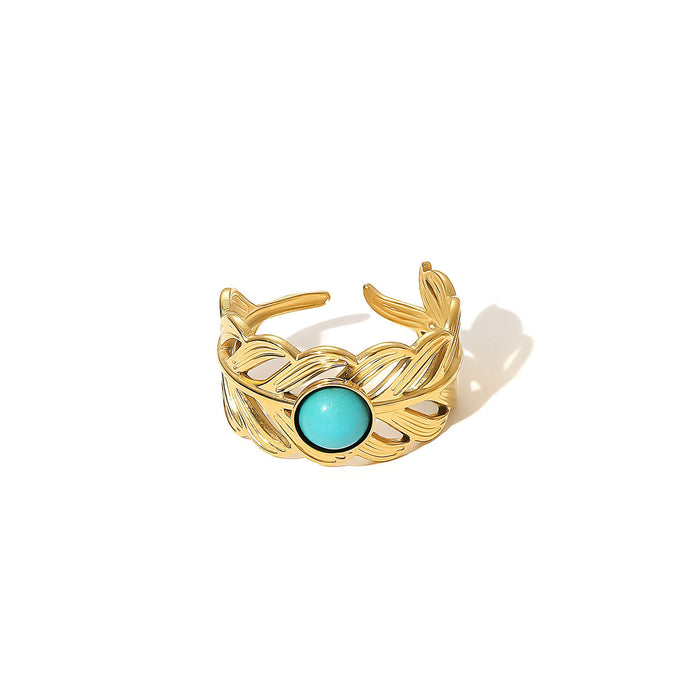 Wholesale Stainless Steel Gold Turquoise Leaf Adjustable Ring
