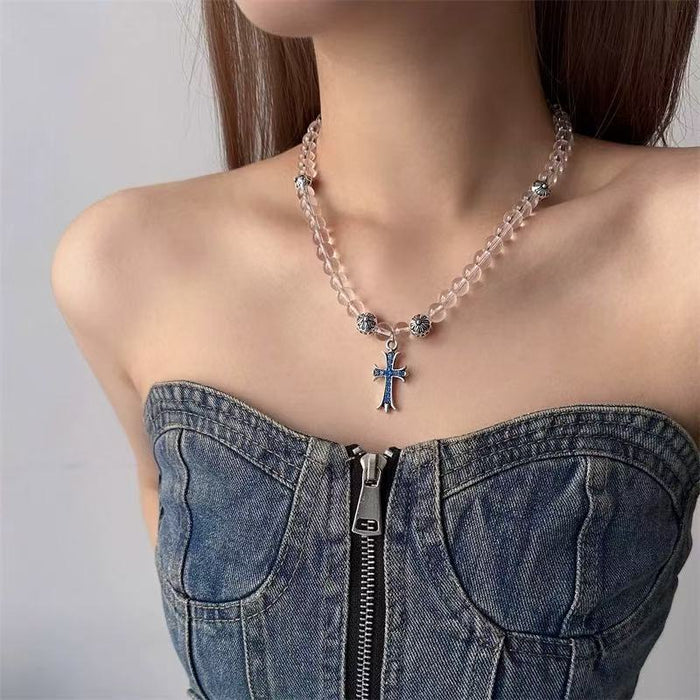 Wholesale Transparent bead blue cross pendant necklace, niche, light luxury design, collarbone chain