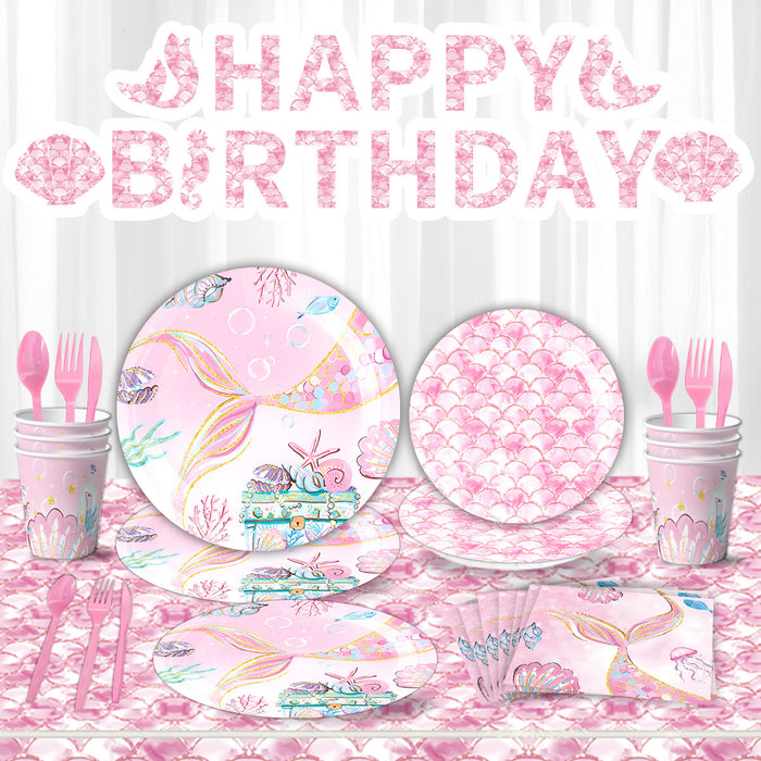 Wholesale Mermaid Theme Tableware Tablecloth Paper Cup Tissue Paper Tray Pink Fishtail Decoration Birthday Party Layout