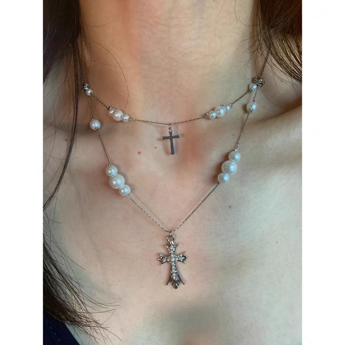 Wholesale Temperament multi-layer pearl cross necklace