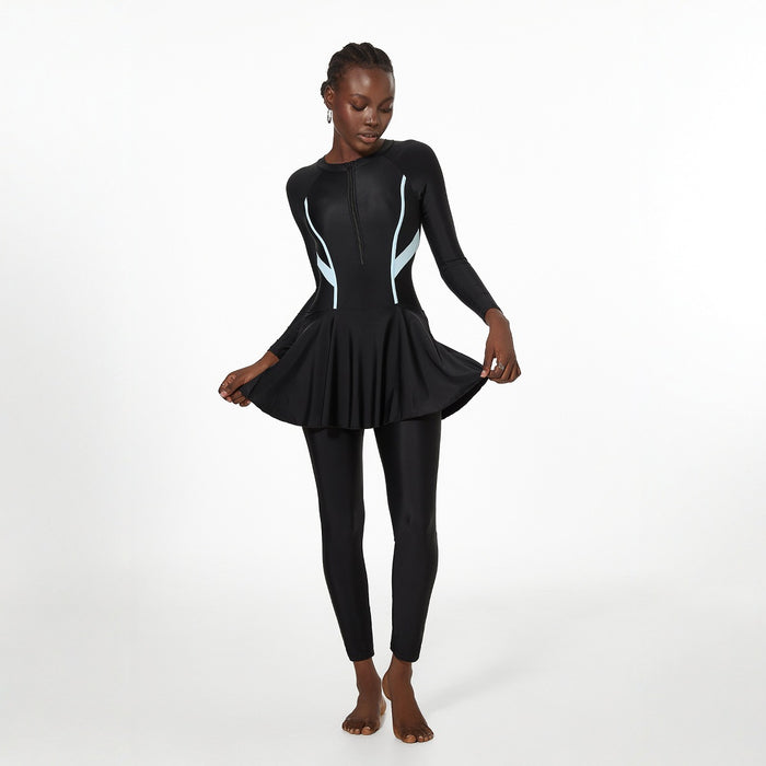 Wholesale Swimsuit with one-piece belly covering skirt, long sleeved pants, surfing one-piece swimsuit