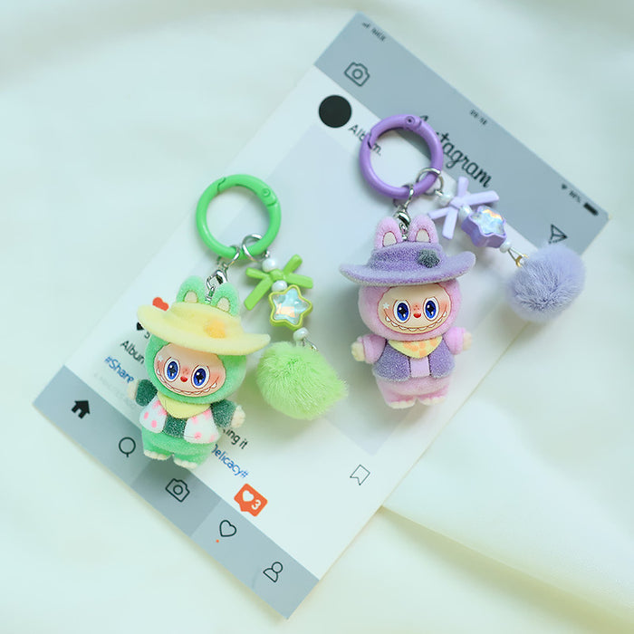 Wholesale Flocked denim car keychain doll jewelry pendant small fur ball cute grain pendant gift