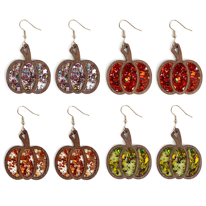 Wholesale  pumpkin wood texture inlaid acrylic glitter sequins Autumn earrings