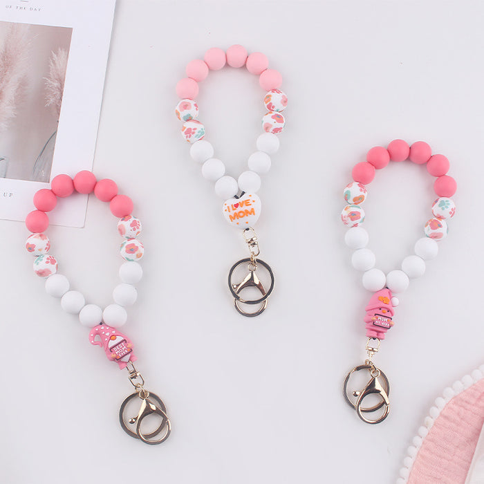Wholesale Mother' s Day Silicone Wrist Keychain Pendant Love Silicone Beaded Bracelet Key Ring Accessories