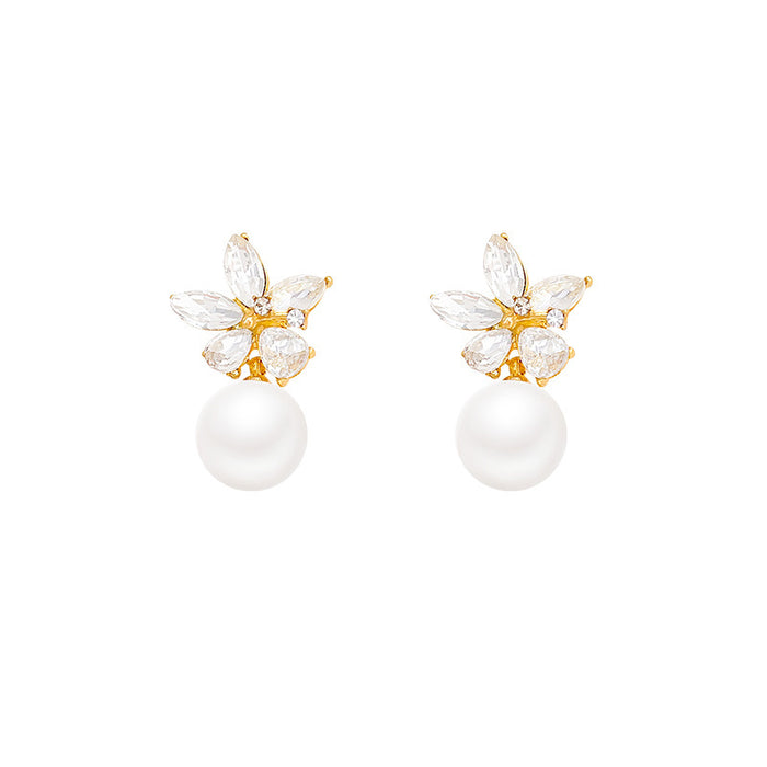 Wholesale Flower zircon imitation pearl earrings, niche design, fashionable earrings, high-end sense, simple and versatile earrings
