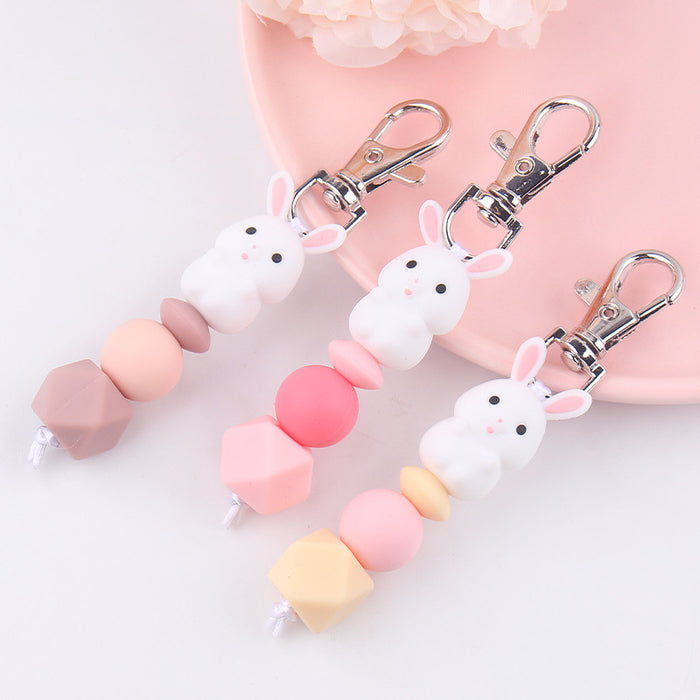 Wholesale Santa Cartoon 3D Little White Rabbit Silicone Bead Keychain JDC-KC-GuangTian034