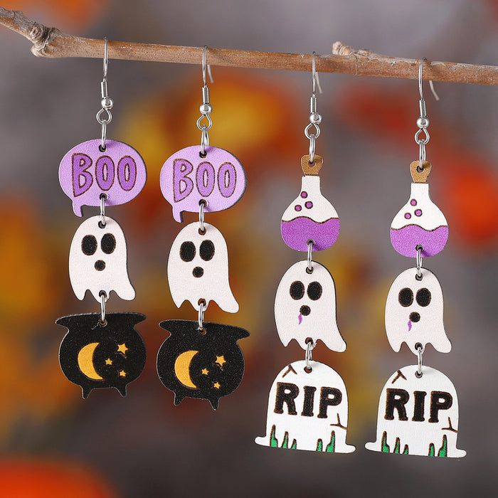 Wholesale  Gothic style cute ghost tassel triple ing earrings wooden double-sided earrings