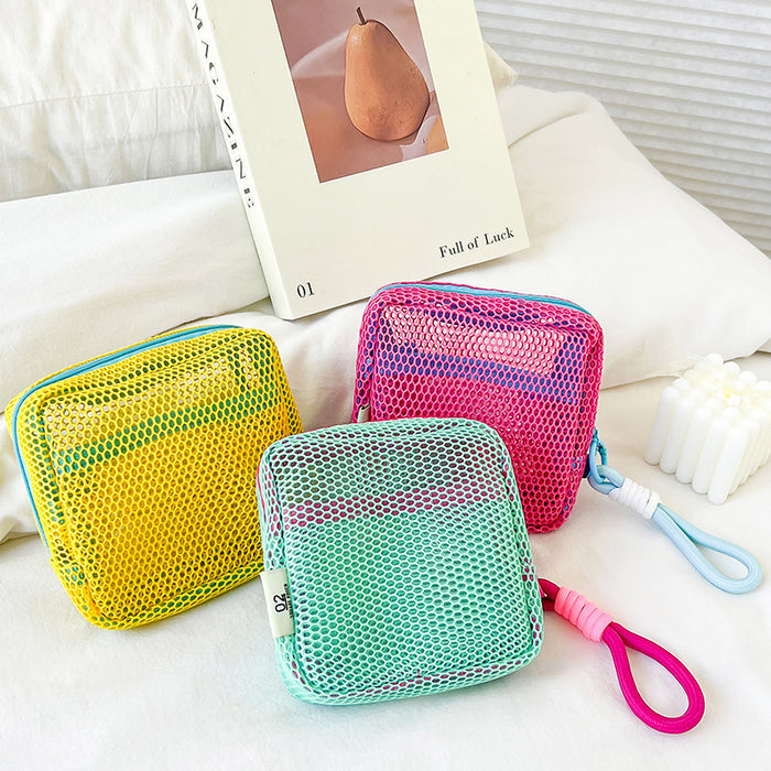 Wholesale mini coin purse large capacity mesh cosmetic bag dopamine mesh cloth lady mouth red envelope color