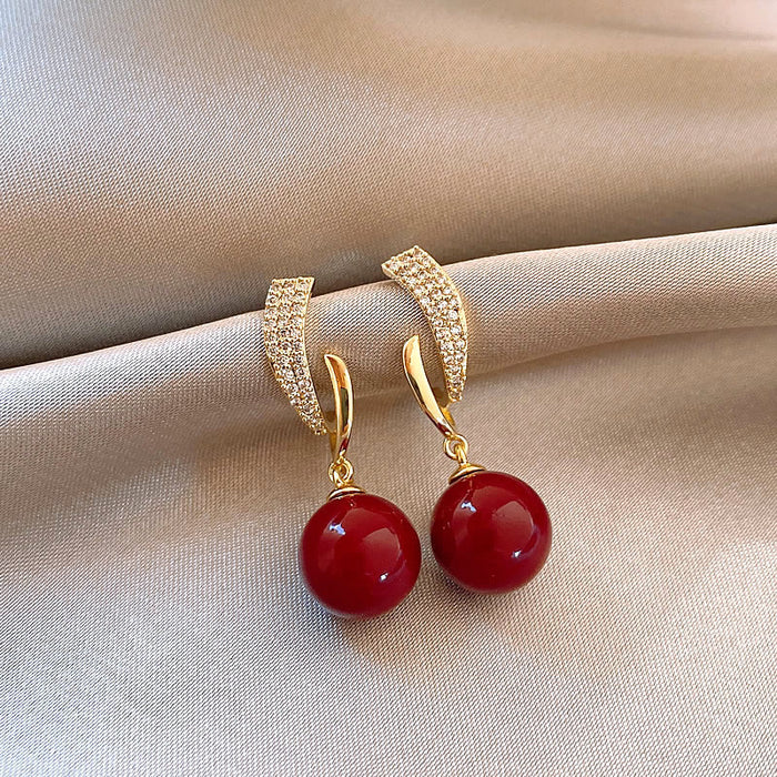 Wholesale   Gold Electroplated Red Micro-inlaid Pearl Earrings Ladies Elegant  Earrings Earrings for Women