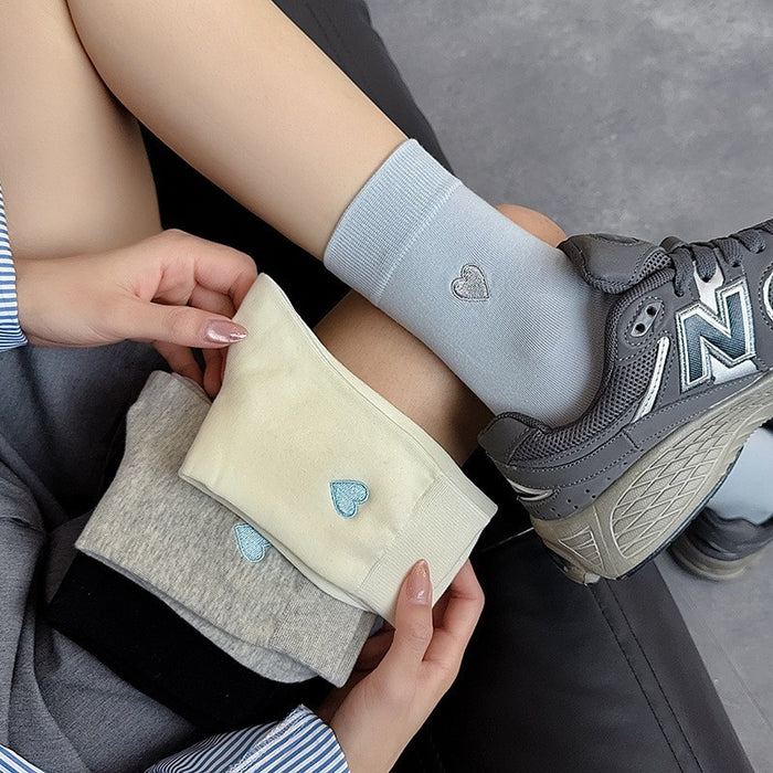 Wholesale Socks, cotton socks, mid tube socks, heart-shaped embroidered pile socks, double ribbed spliced long socks, anti odor boneless cotton socks