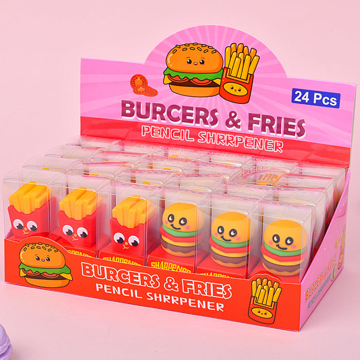 Wholesale 24pcs Cute fries hamburger cartoon students pencil sharpener pencil sharpener